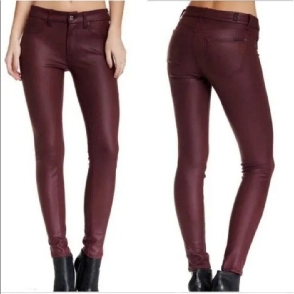 7 for All Mankind NEW Burgundy Waxed Denim High Waist Ankle Skinny Women's Sz 32